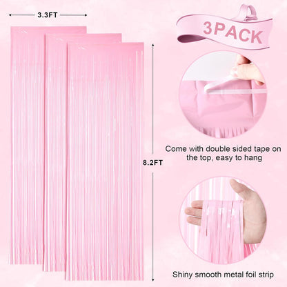 3 Pack 3.3 x 8.2 ft Pasel Pink Foil Fringe Backdrop Curtains, Tinsel Streamers Birthday Party