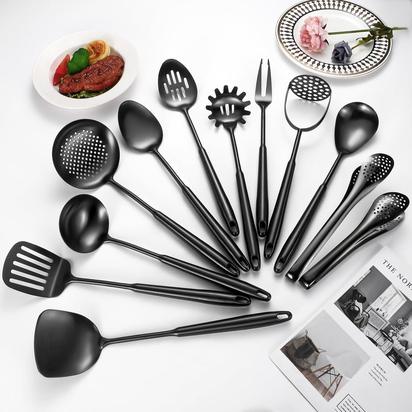 304 Stainlss Steel Matte Kitchen Utensils Set, 12 Pcs Long Metal Cooking Utensil Gadgets Tools Set