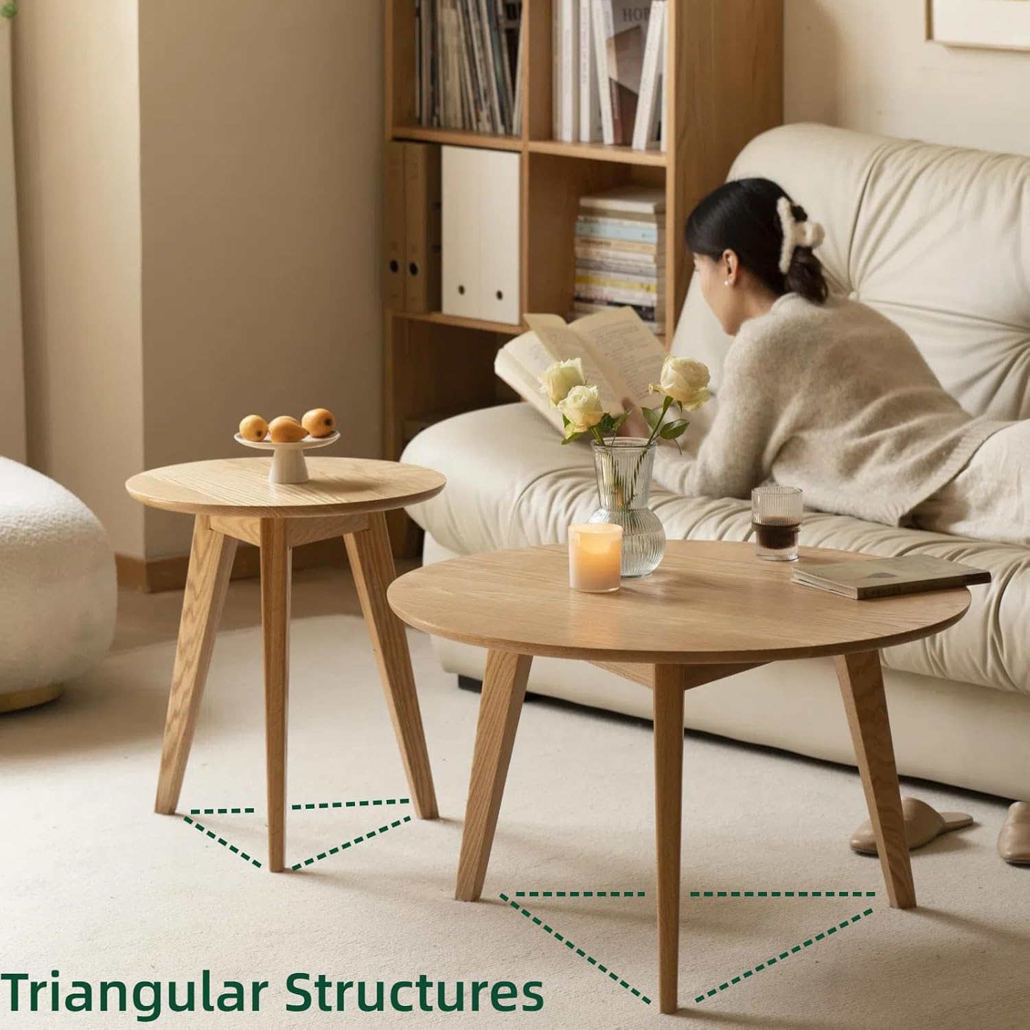 100% Solid Oak Wood Coffee Table Set, Round Coffee Table Combo Side Table w/Solid Wood Legs, Mid