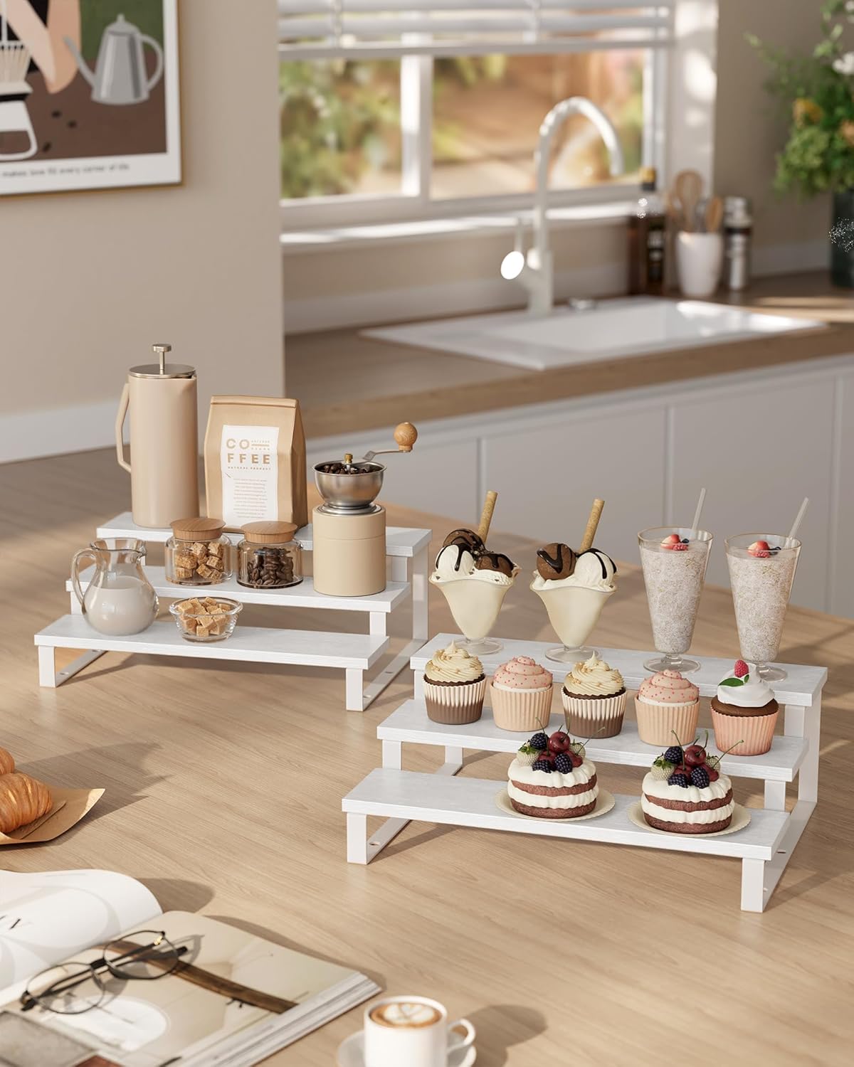SONGMICS Display Risers, Set of 2 Engineered Wood Perfume Organizer Stand, 3-Tier Cupcake Stand