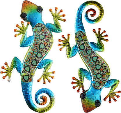 HONGLAND 2Pcs Metal Gecko Wall Decor Lizard Garden Art Color Hanging Glass Sculpture for Indoor