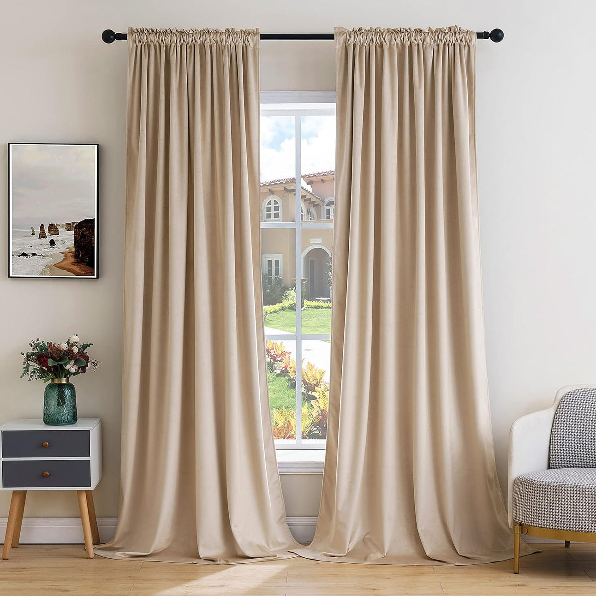 MIULEE Camel Beige Velvet Curtains Thermal Insulated Blackout Curtain Drapes for Bedroom Living