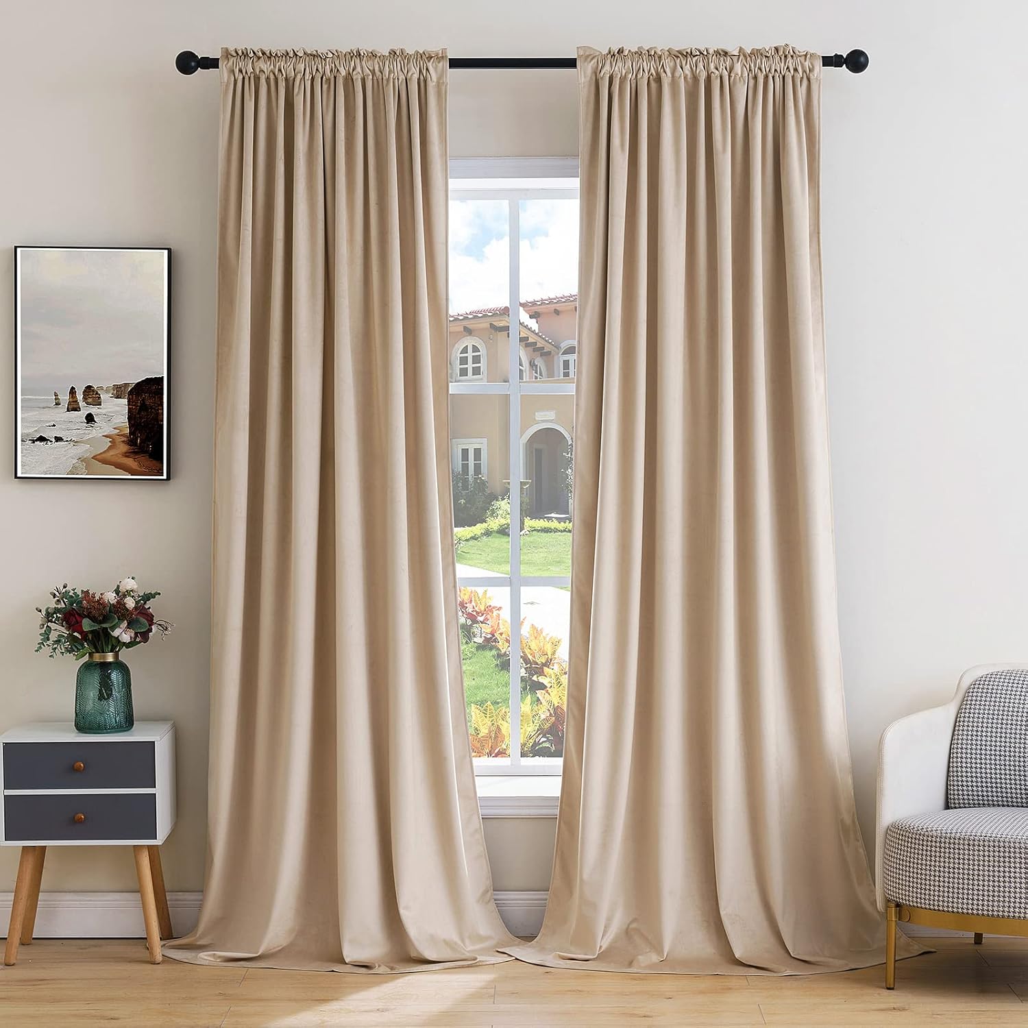 MIULEE Camel Beige Velvet Curtains Thermal Insulated Blackout Curtain Drapes for Bedroom Living