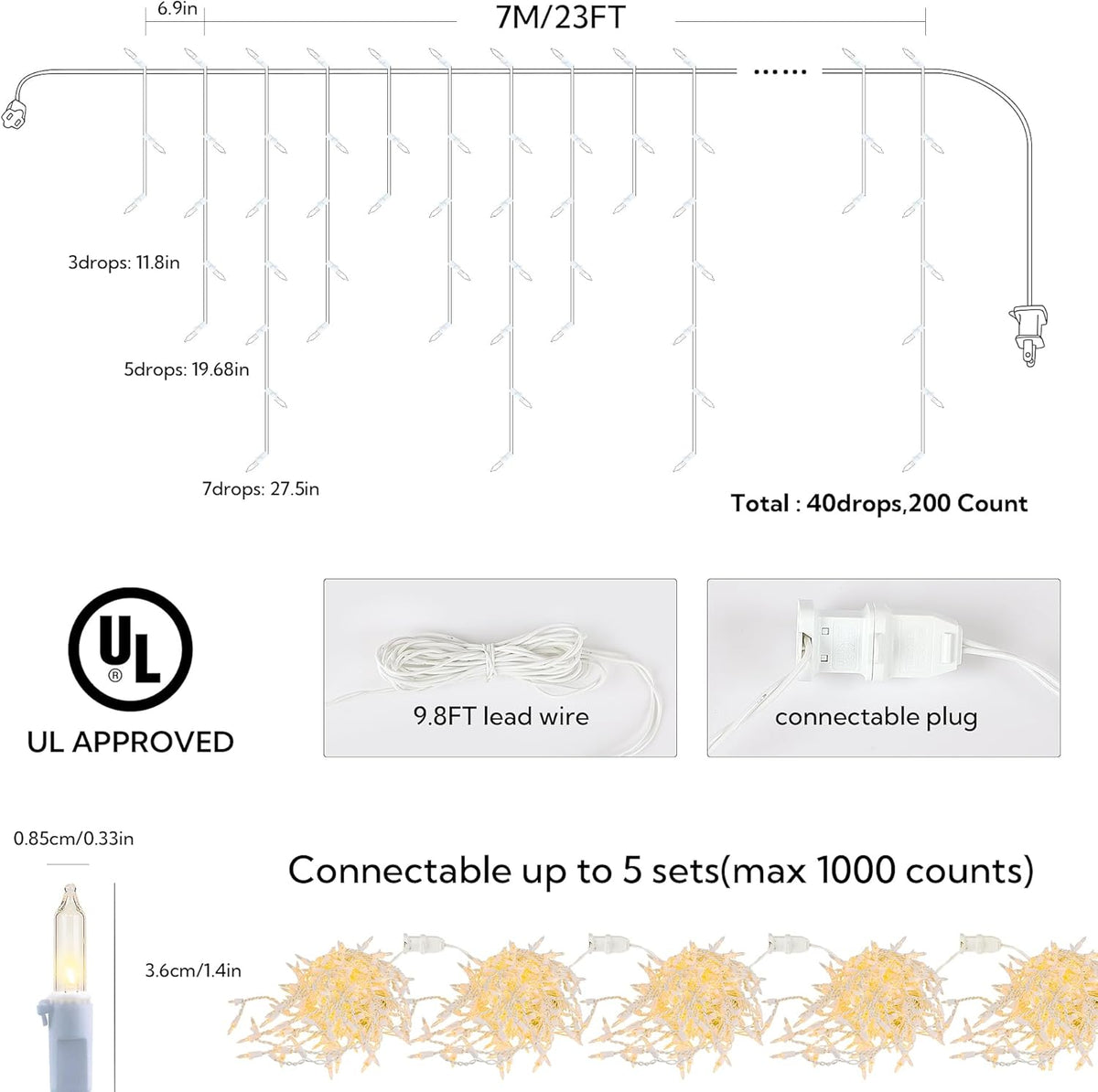 200 Christmas Icicle Lights, Warm White Clear Bulbs with 23FT Long White Wire, Professional Grade