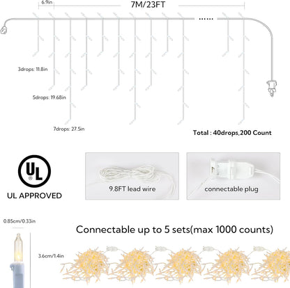 200 Christmas Icicle Lights, Warm White Clear Bulbs with 23FT Long White Wire, Professional Grade
