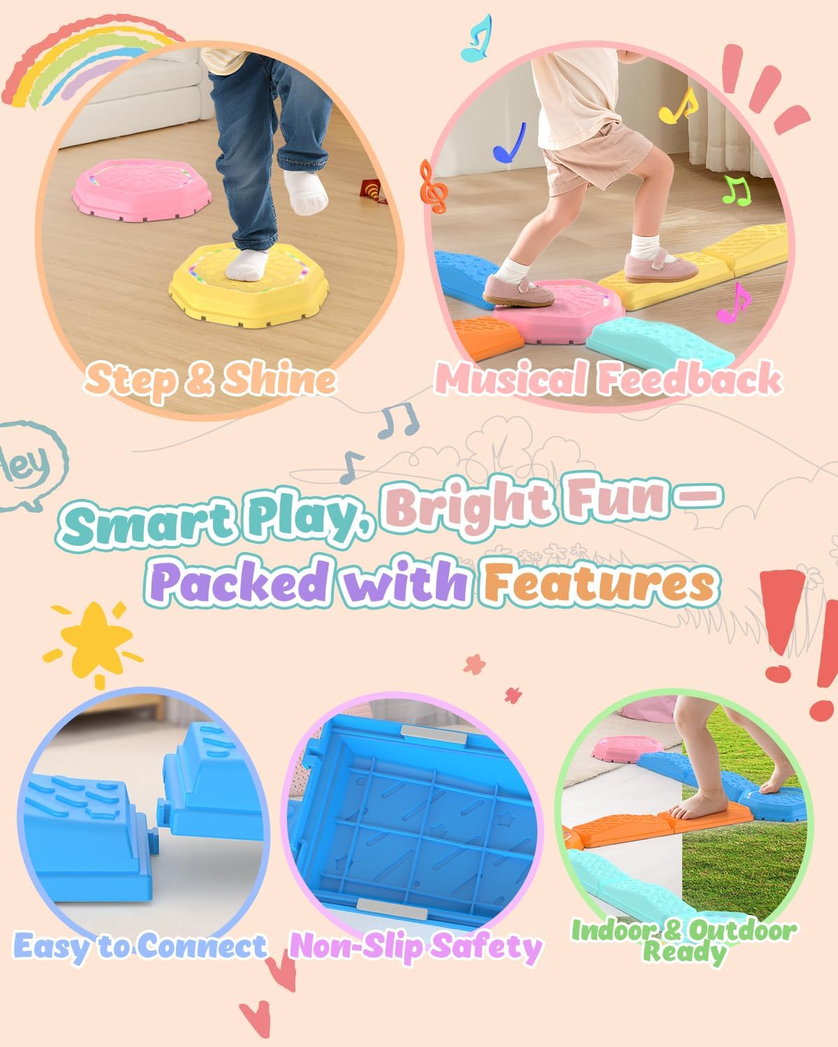 Holyton Music Light Up Balance Beam and Toddler Stepping Stones 13 Pieces, Non-Slip Plastic Balance
