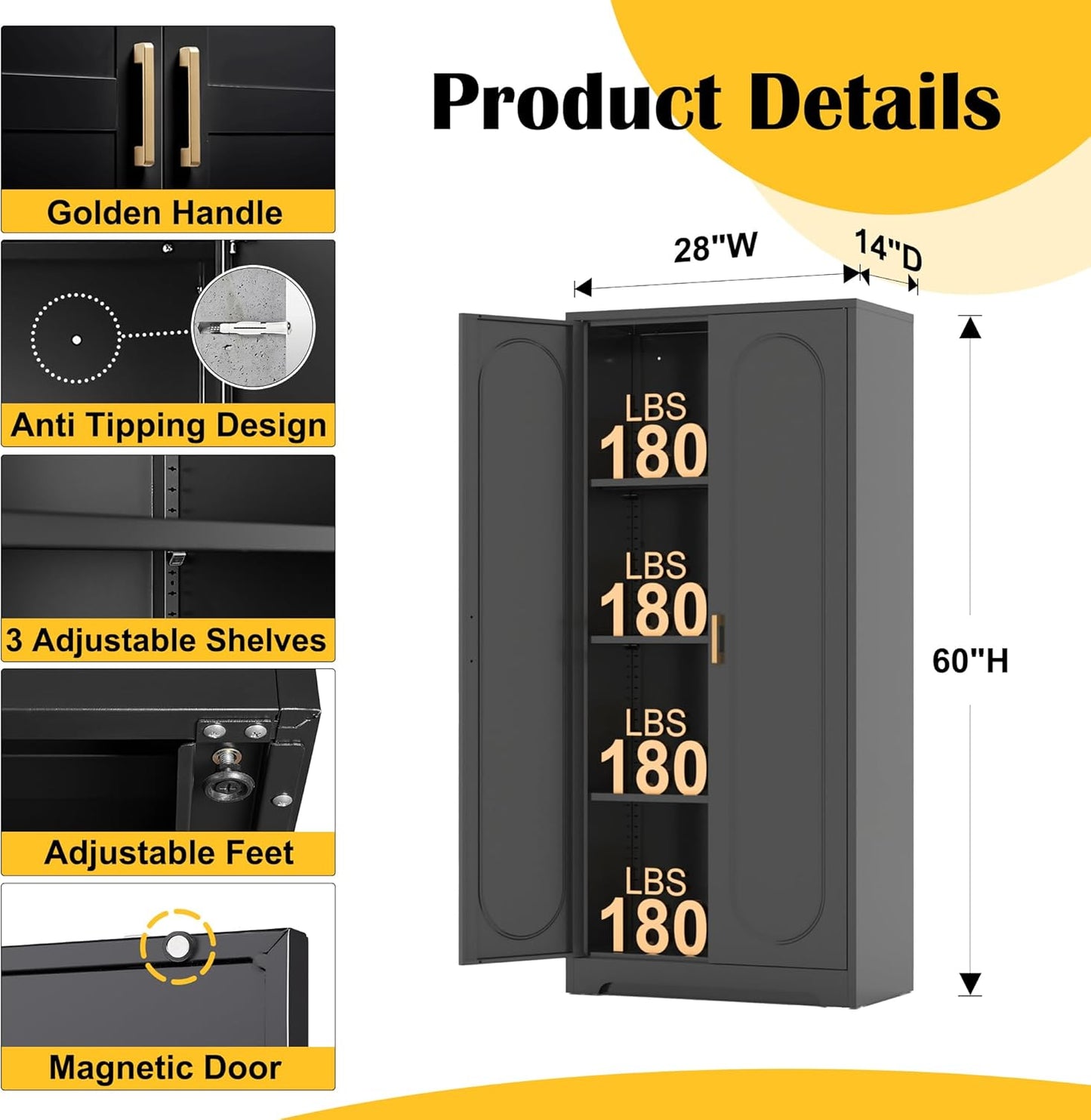 Metal Kitchen Storage Cabinets,60”Pantry Cabinet with Doors and 4 Adjustable Shelves,Tall Black