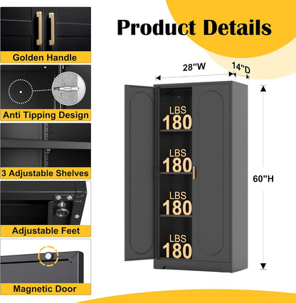 Metal Kitchen Storage Cabinets,60”Pantry Cabinet with Doors and 4 Adjustable Shelves,Tall Black