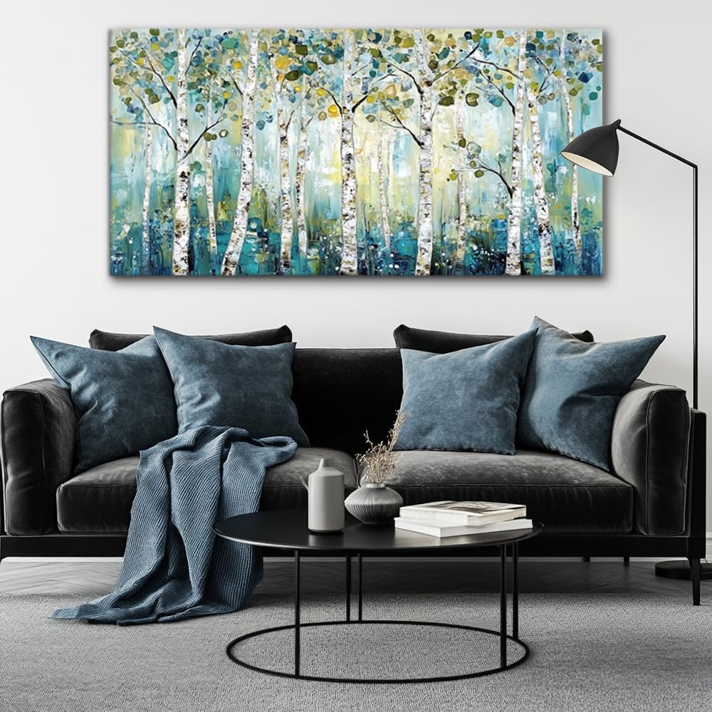 LASMOND Abstract Teal Grove Canvas Paintings Prints Modern Tree Wood Artwork Decor Wall Art for