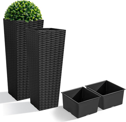 JUMMICO Set of 2 Resin Rattan Tall Planters for Outdoor Plants, Large Tapered Planters with