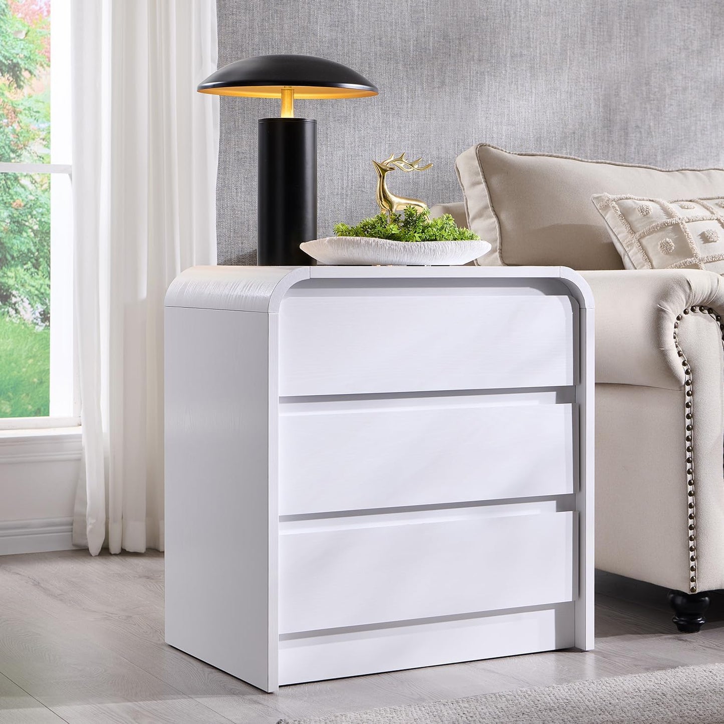 25" Tall Modern Nightstand with Charging Station, 23.6'' Wide Wood Bedside Table w/3 Storage