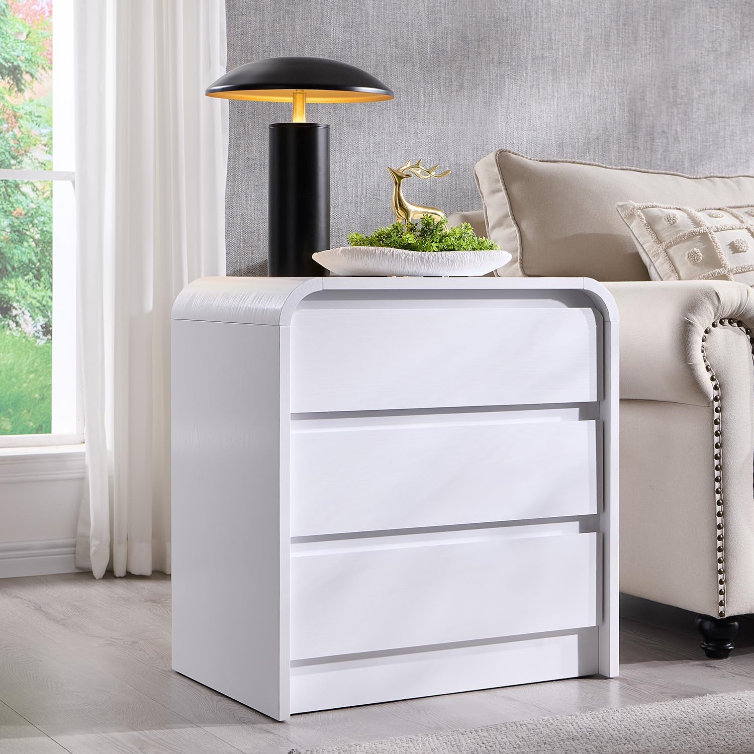 25" Tall Modern Nightstand with Charging Station, 23.6'' Wide Wood Bedside Table w/3 Storage