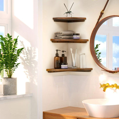 Corner Shelves, Floating Corner Shelf, Set of 3 Solid Oak Wood Corner Wall Shelves, Round End with