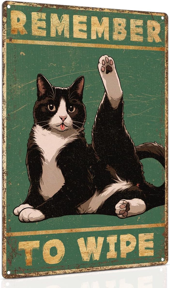 ALKB Bathroom Tuxedo Cat Sign - Remember to Wipe - Cat Lover Gift 8x12 Inch Vintage Metal Sign for