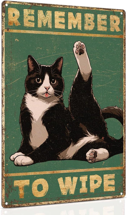 ALKB Bathroom Tuxedo Cat Sign - Remember to Wipe - Cat Lover Gift 8x12 Inch Vintage Metal Sign for
