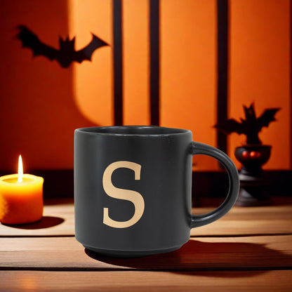 COLLECTIVE HOME - Monogram Ceramic Mugs, 15 oz Golden Initial Black Coffee Cups, Elegant Alphabet