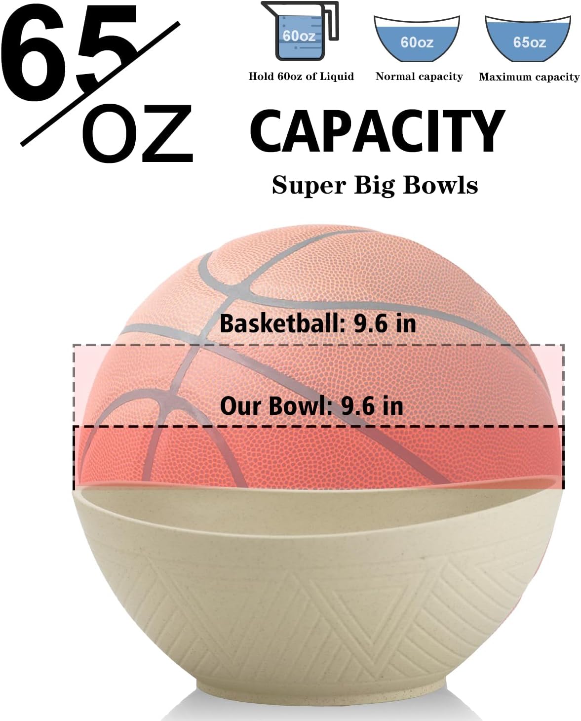 65oz Big Wheat Straw Bowls - Large Salad Bowls set of 6 - Unbreakable Serving Bowl Sets - Microwave