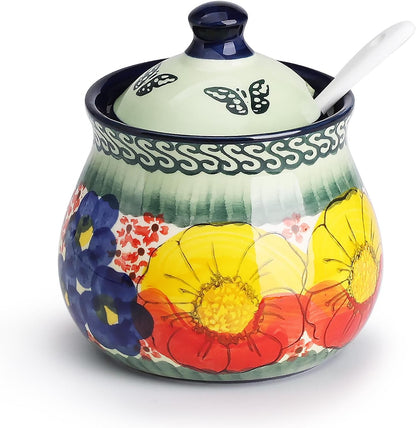 silesia Handmade Sugar Bowl with Lid and Spoon, 9 Ounce Ceramic Hand-Painted Sugar Jar for Home in