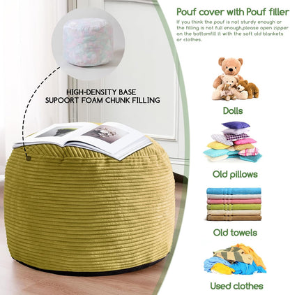 HIGOGOGO Round Stuffed Pouf Ottoman, Corduroy Poufs with Foam Chunk Filling, Furry and Fluffy Pouf