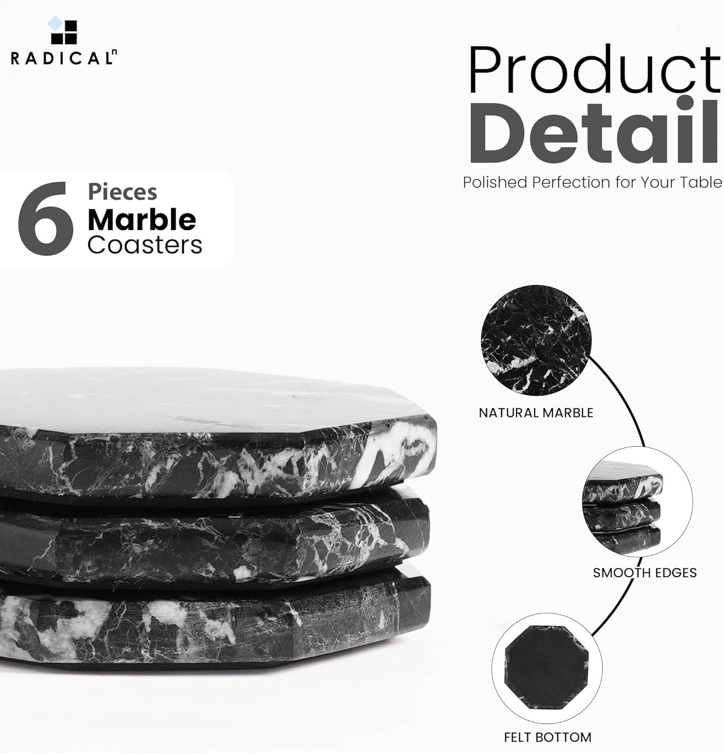 Radicaln Marble Coasters Star 3.5" Inches Black Handmade Stone Drink Coasters Set of 6 for Coffee