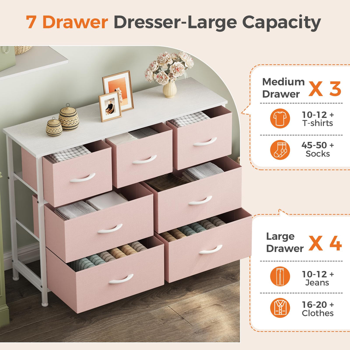 Sweetcrispy 7 Drawer Dresser for Bedroom Storage with Fabric Bins, Pink