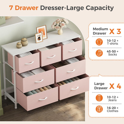 Sweetcrispy 7 Drawer Dresser for Bedroom Storage with Fabric Bins, Pink