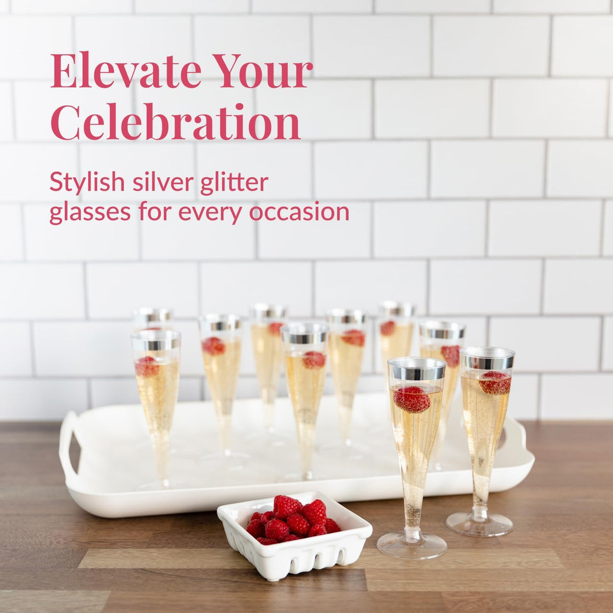 Prestee Set of 24 Silver Glitter Plastic Champagne Flutes - 4.5 oz Capacity - Shatterproof Durable