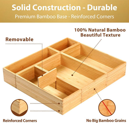 Umilife Drawer Organizer Storage Boxes, 2.5" High Bamboo Drawer Dividers, 5 Rearrangeable Bins for