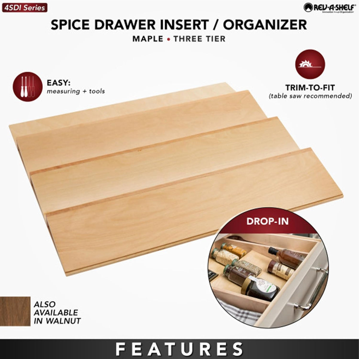 Rev-A-Shelf 22" 3 Tiered Seasoning Organizer, Trim-to-Fit Wooden Kitchen Draw and Cabinet Home