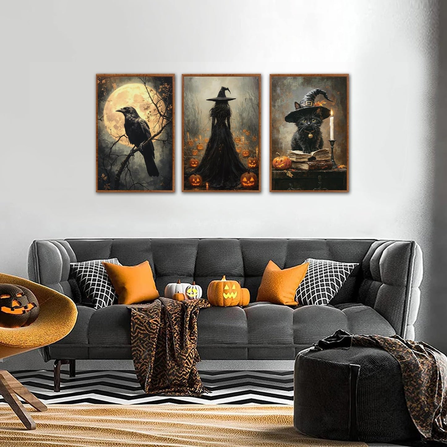 KAIRNE Framed Halloween Canvas Wall Art,Dark Witch Crow Prints,Black Cat Painting,Horror Gothic