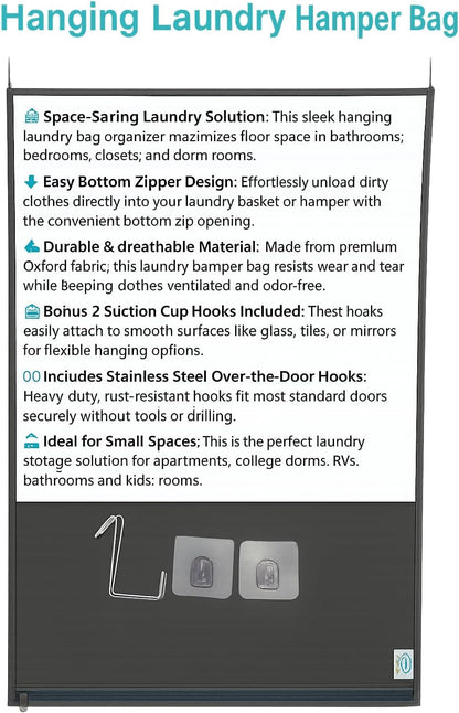 Hanging Laundry Hamper Bag – Space-Saving Dirty Clothes Storage with Free Adjustable Stainless