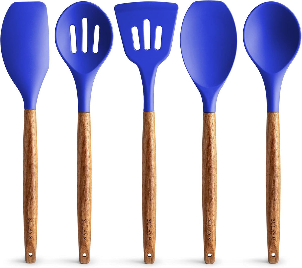 Zulay Kitchen Non-Stick Silicone Cooking Utensils Set with Acacia Wood Handles - 5 Piece Set - Heat