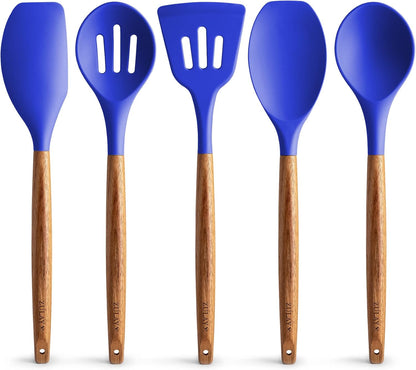 Zulay Kitchen Non-Stick Silicone Cooking Utensils Set with Acacia Wood Handles - 5 Piece Set - Heat