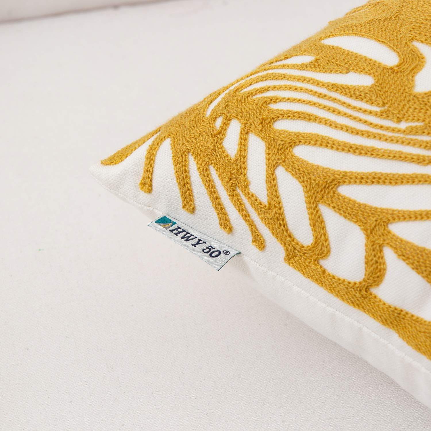 HWY 50 Yellow Decorative Throw Pillow Covers 18x18 Inch (1 Piece), Embroidered Cotton Farmhouse
