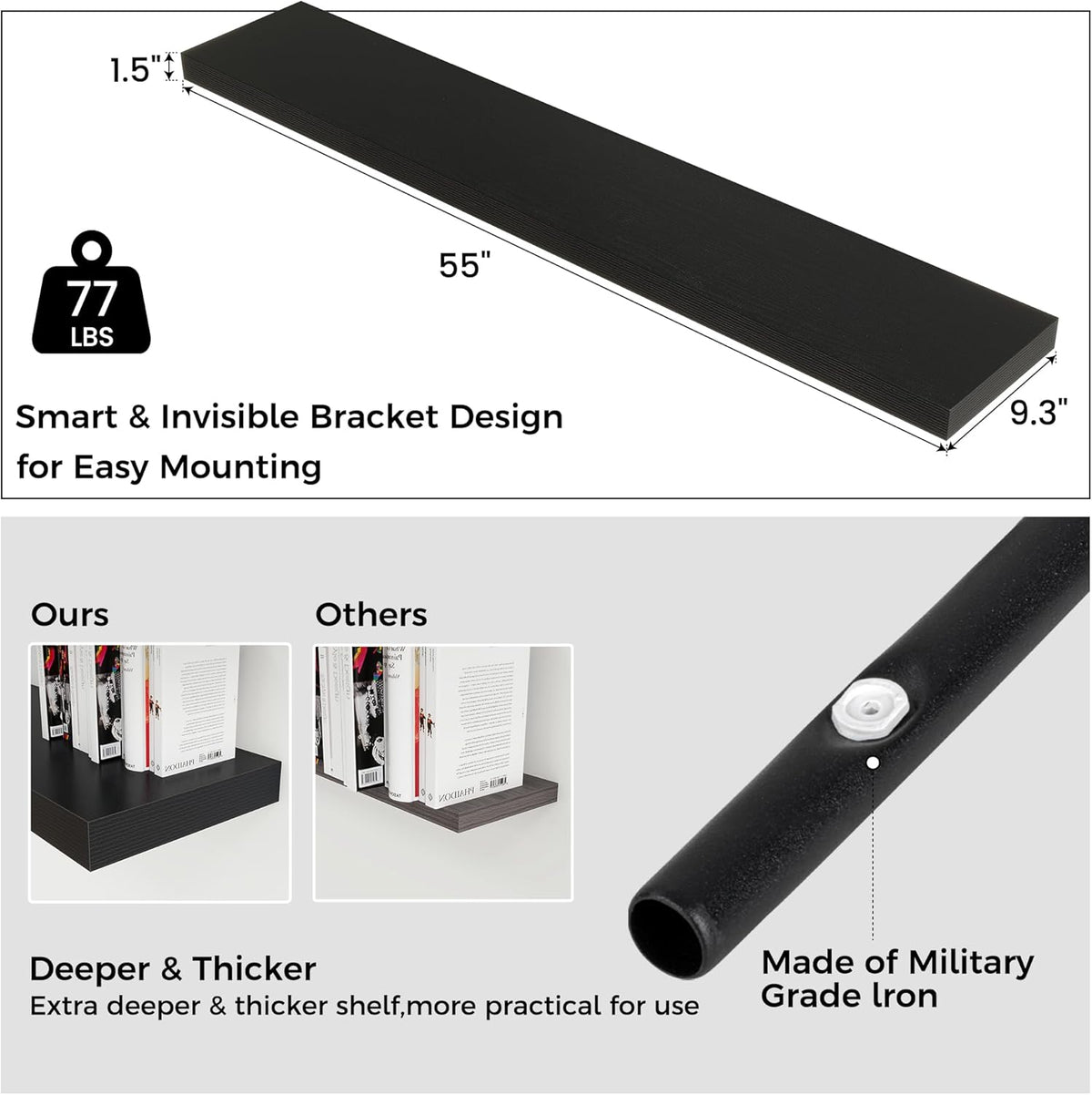 Floating Shelves for Wall, Large Wall Mounted Shelves with Invisible Brackets, Long Wood Floating