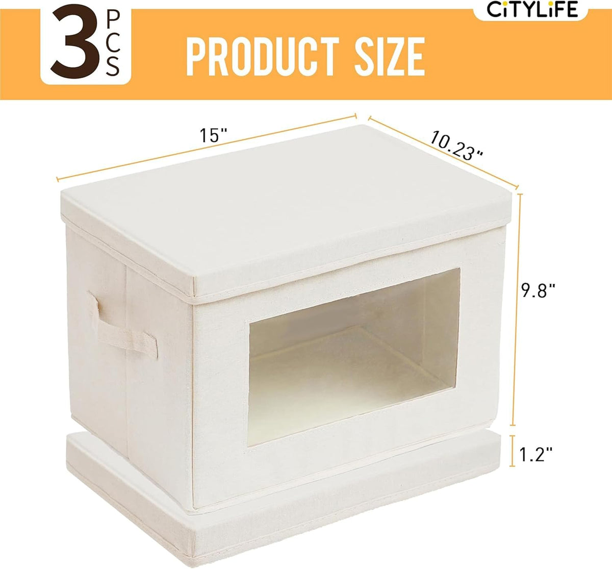 Citylife 3 Pack Storage Bins with Lids, Fabric Foldable Storage Bins with Soft Cord Handles, Canvas