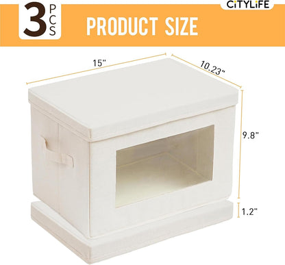 Citylife 3 Pack Storage Bins with Lids, Fabric Foldable Storage Bins with Soft Cord Handles, Canvas