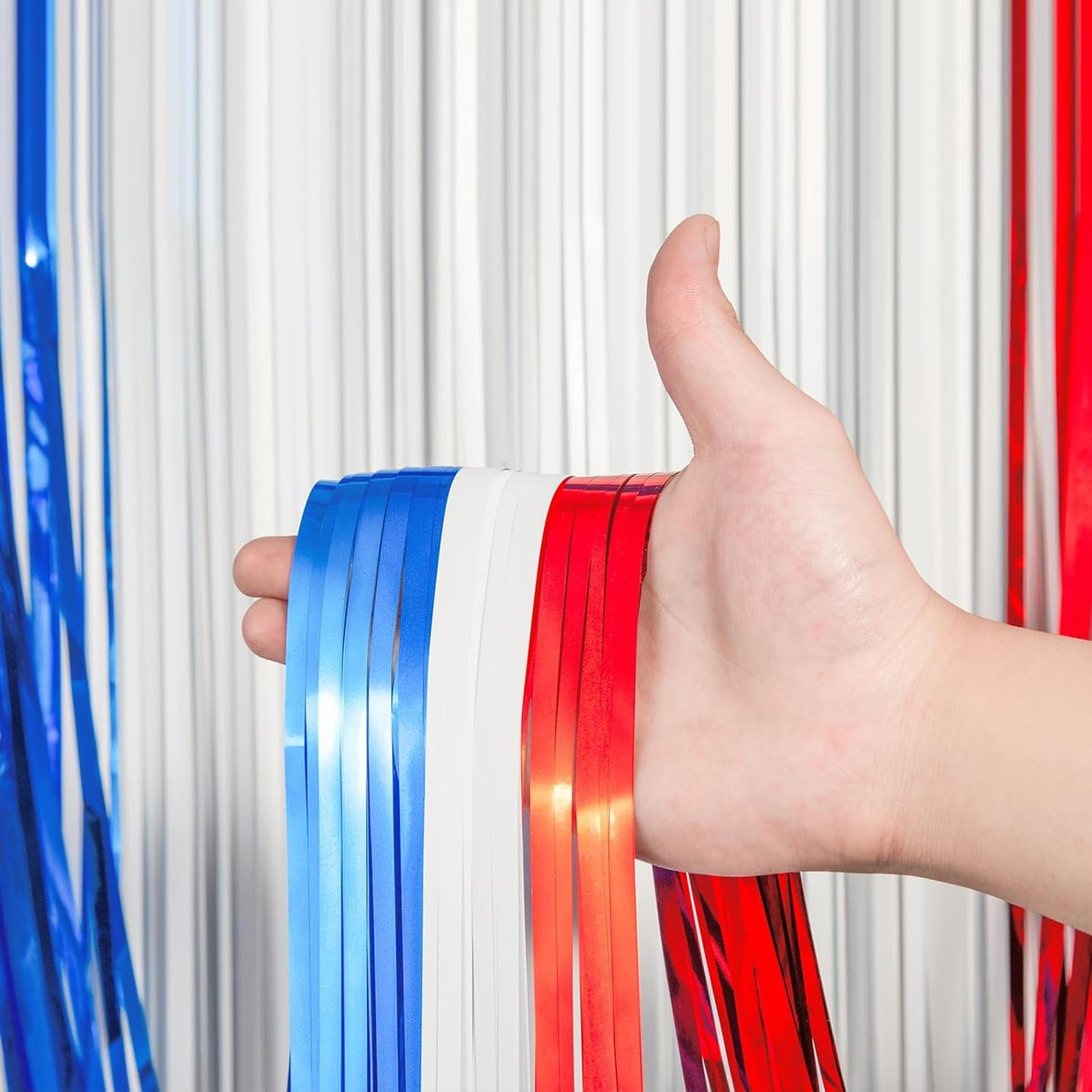 3 Pack 3.3 x 8.2 ft Red White and Blue Foil Fringe Backdrop Curtains, Tinsel Streamers Party