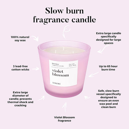 Hidden Label Large Scented Candle, Violet Blossom, 30oz 3 Wick Huge Candle, Serene Collection Slow