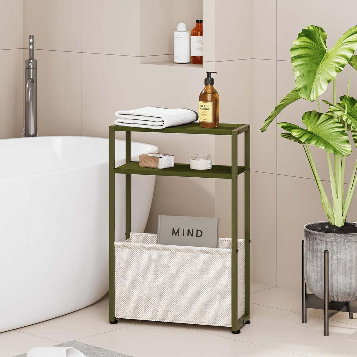 Narrow Side Table, Slim End Tables with Fabric Basket, Skinny Table for Small Spaces, Thin Bedside