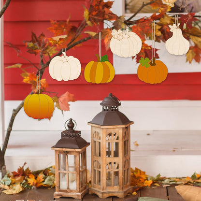 24 PCS Unfinished Wooden Fall Crafts, Pumpkin Shaped Hanging Ornaments DIY Wood Craft Cutouts for