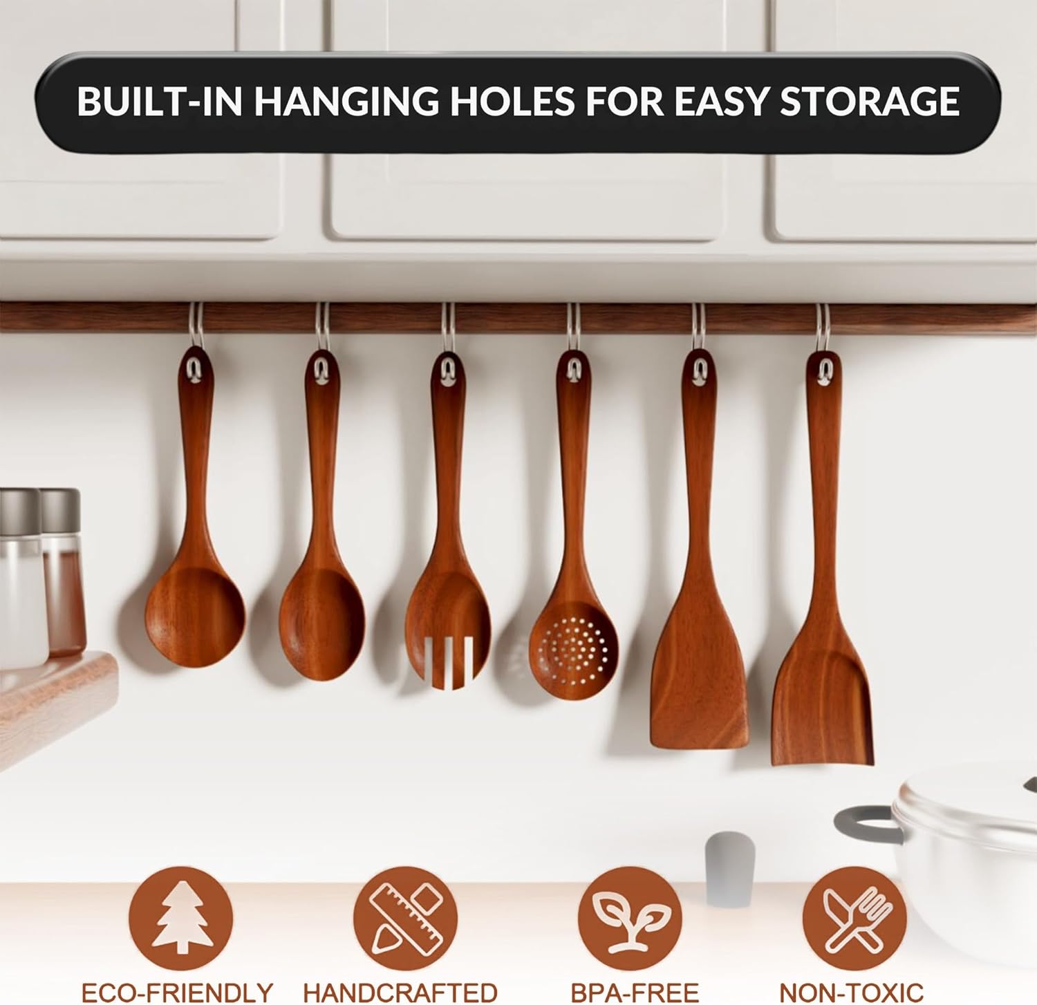 6-Piece Acacia Wood Cooking Utensil Set – Wooden Kitchen Pan Toolset for Nonstick Cookware