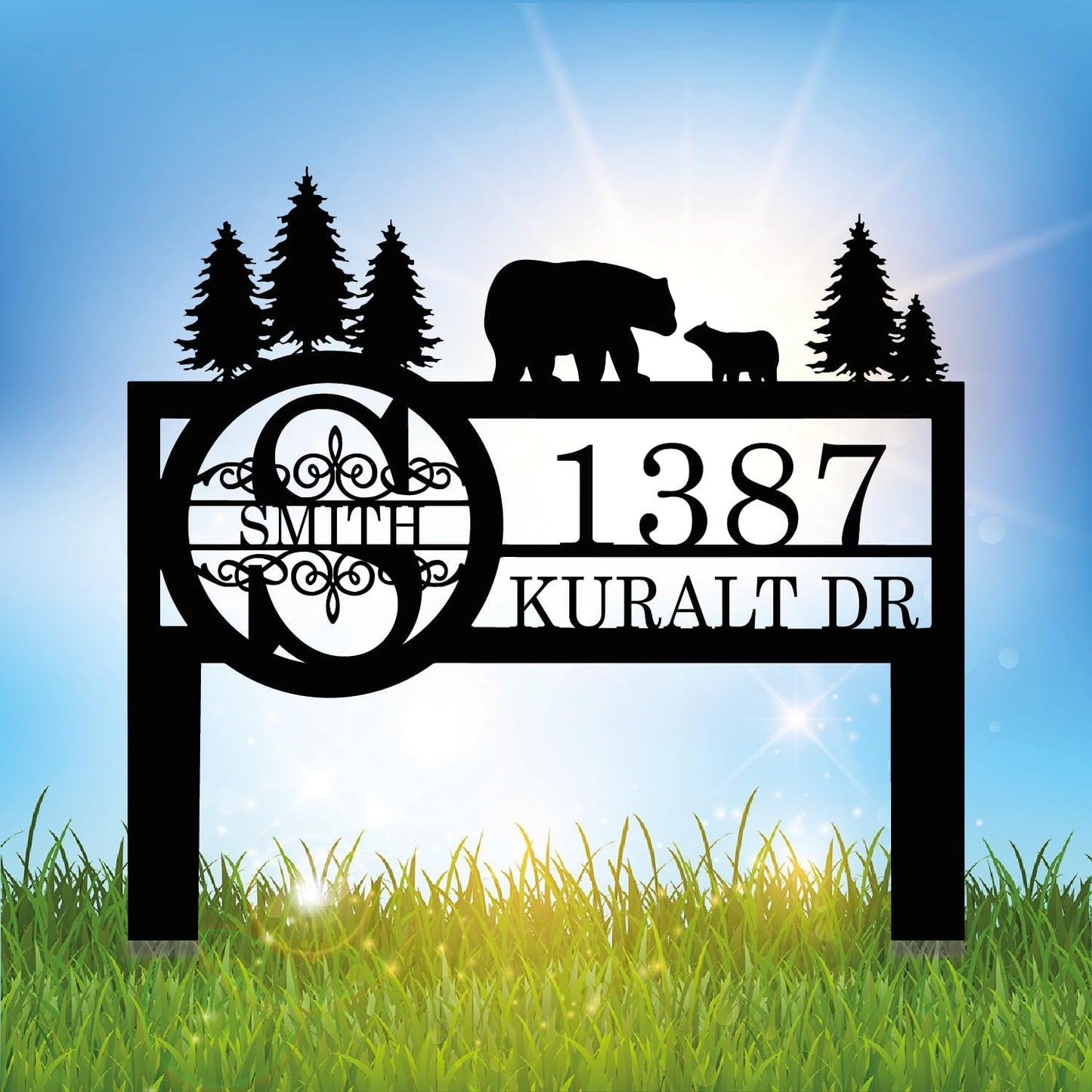Personalized Custom Bear Wildlife Decor with Metal Stake - Address House Number Name Sign for