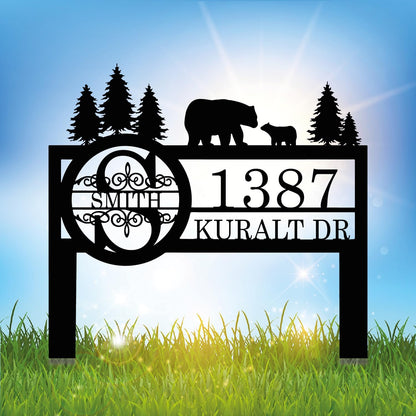 Personalized Custom Bear Wildlife Decor with Metal Stake - Address House Number Name Sign for