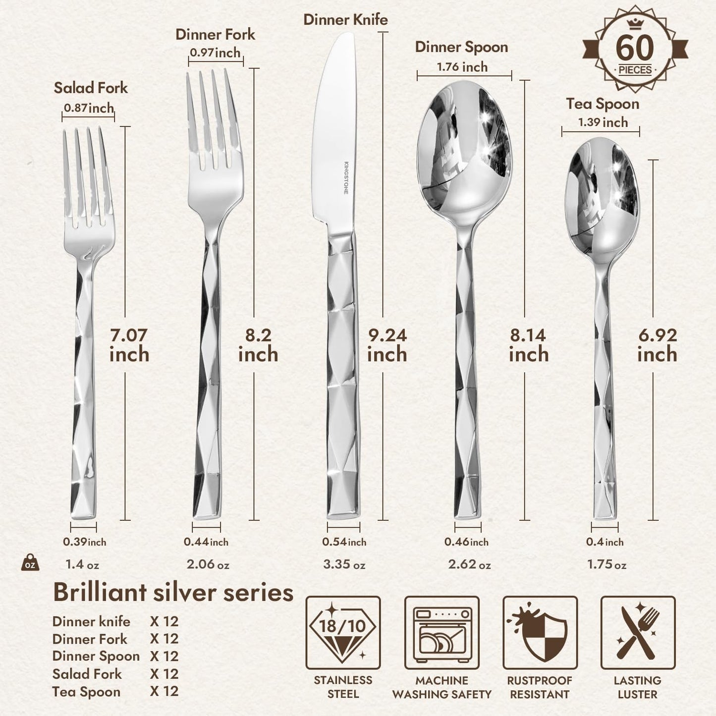 KINGSTONE Silverware Set, Luxury 60 Piece Flatware Set for 12, 18/10 Stainless Steel Cutlery Set