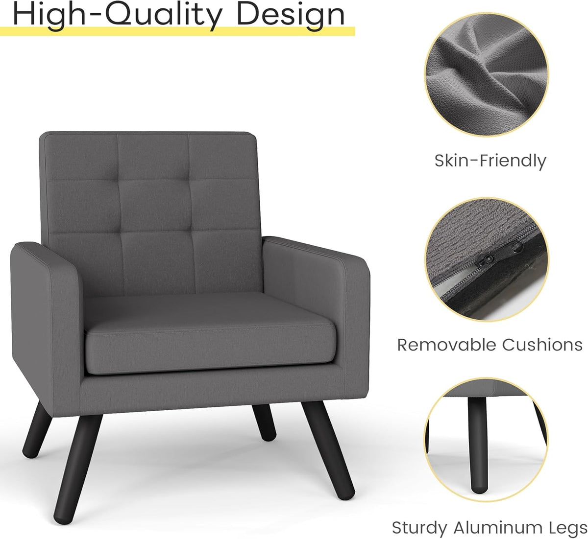 Kromax Mid-Century Modern Accent Chair for Living Room, 496 Lb. Weight Capacity, Dual Armrests