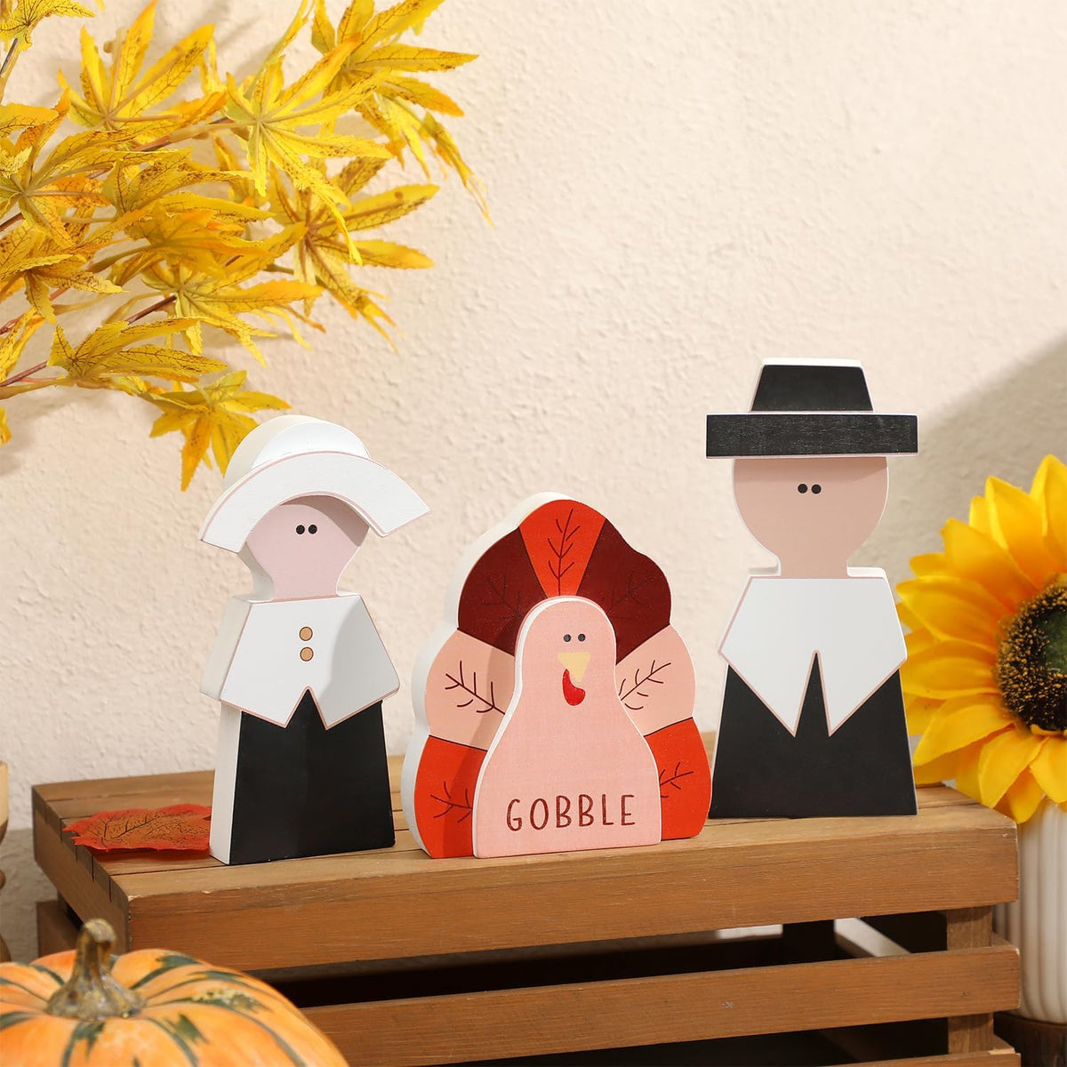 Amorita Fall Thanksgiving Decorations Wooden Turkey Pilgrim Couple Table Sign 3 Pcs Fall
