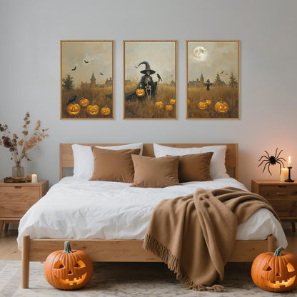 Celestdeco Halloween Ghost Reaper Framed Wall Art Set, Scary Witchy and Pumpkin Wall Decor, Horror