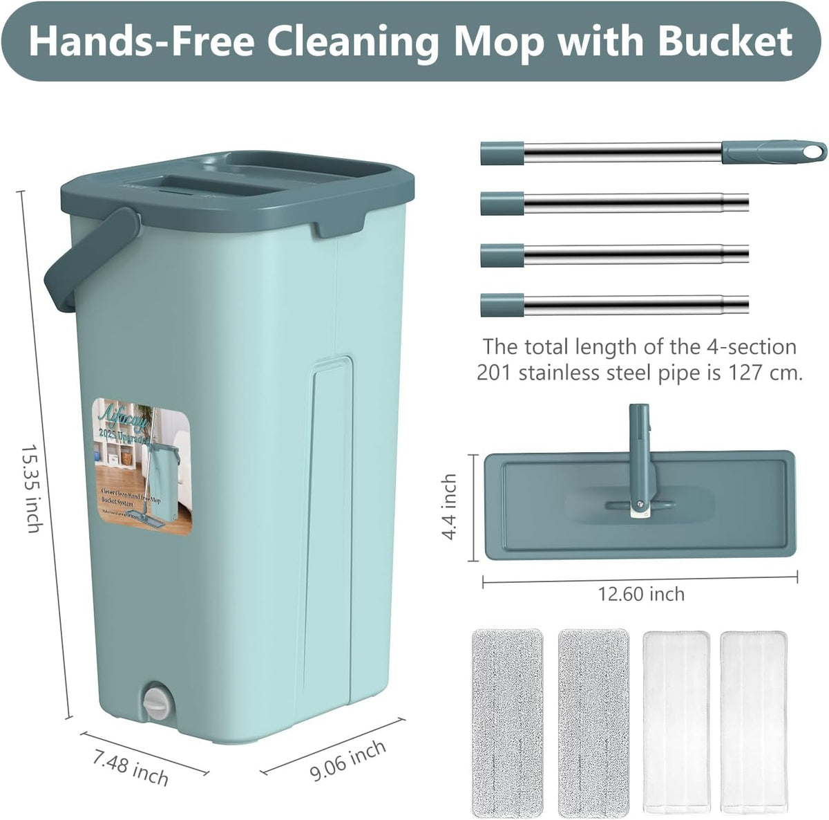 Aifacay Mop and Bucket with Wringer Set, Flat Wall Mop and Bucket Set with 4 Reusable Microfiber