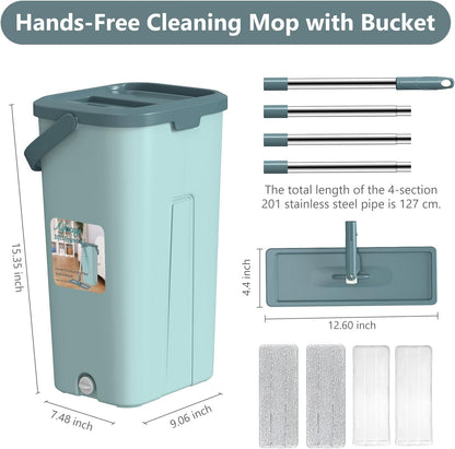 Aifacay Mop and Bucket with Wringer Set, Flat Wall Mop and Bucket Set with 4 Reusable Microfiber